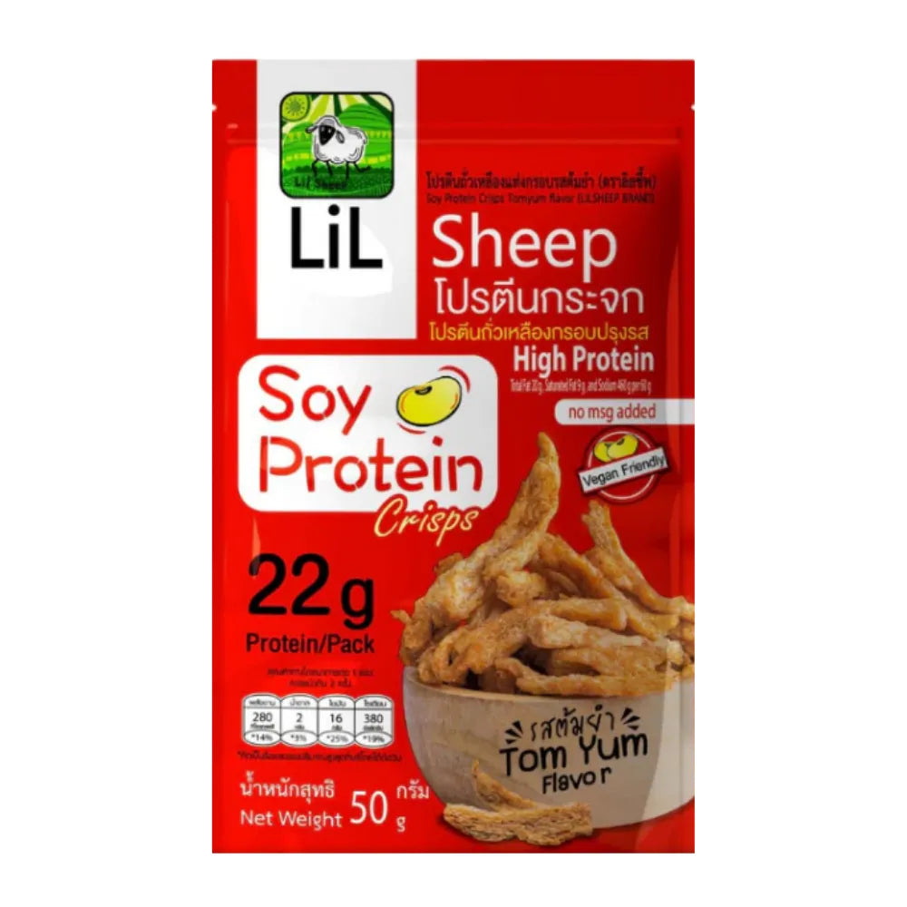 Lilsheep glass protein snack in Tom Yum flavor with Thai spices, high iron, featuring a clear glass container and colorful packaging.