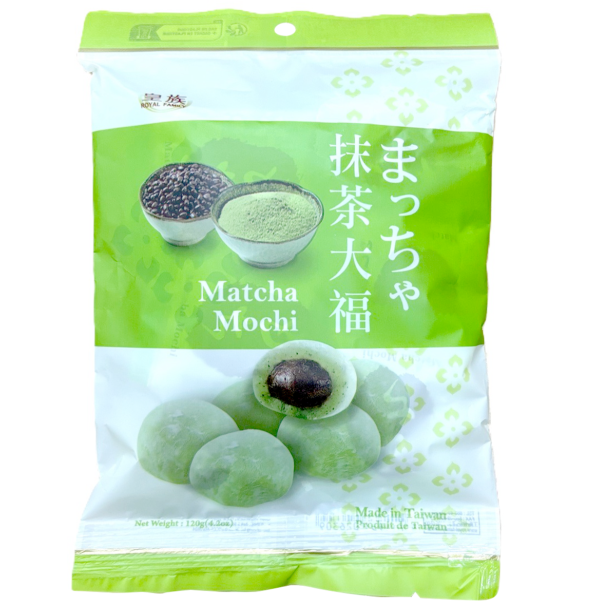 Royal Family Matcha Mochi, green tea flavored Japanese confectionery snack with soft, chewy rice cake texture.