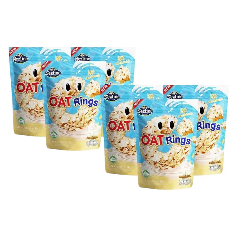 Nezline Oat Rings Snacks in 3 Milk flavor, 60g package, showing crunchy oat ring confections with milk flavor coating.