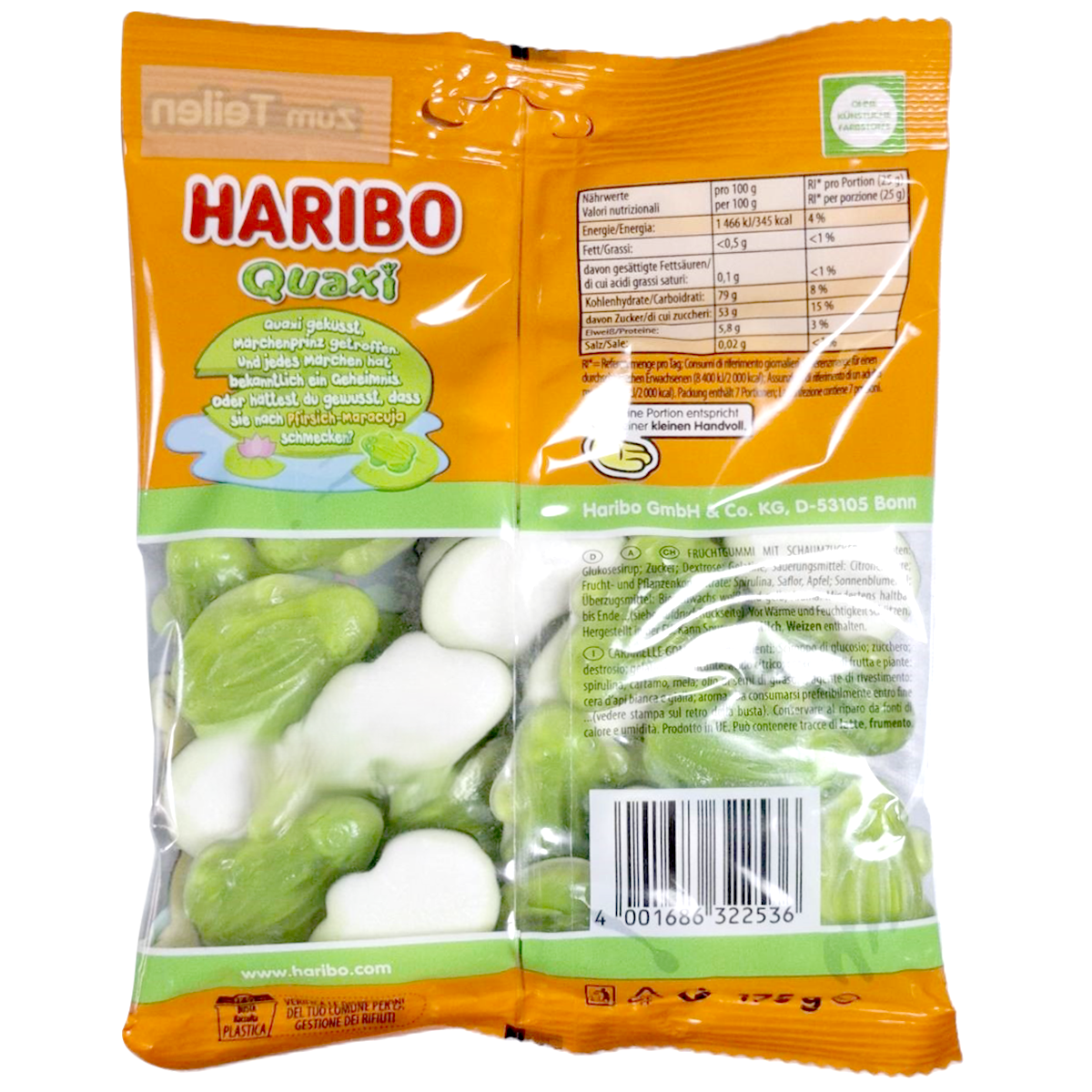 Haribo Quaxi Froschil confectionery snacks with colorful frog-shaped gummy candies on a white background.