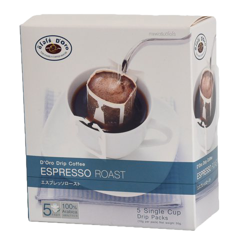 D'Oro Drip Coffee Espresso drink in a clear glass cup with dark coffee and a splash of cream on top.
