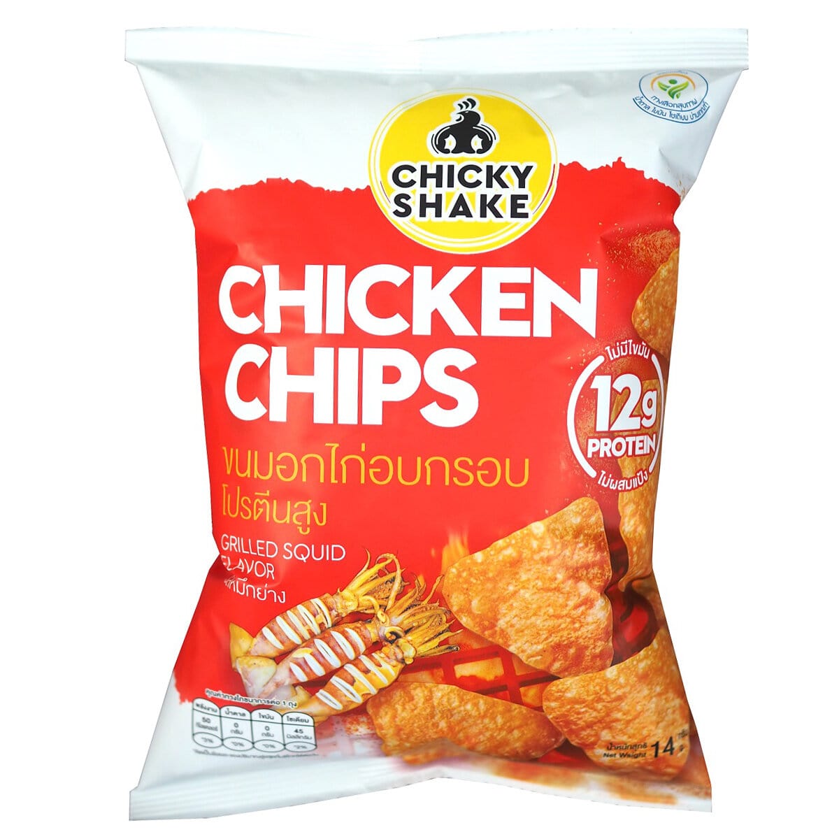 Chicky Shake Chicken Chips with grilled squid flavor, crispy confectionery snack in bright packaging.