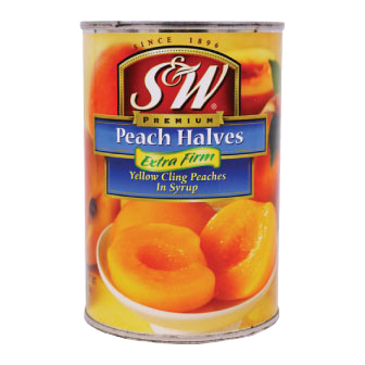 Canned S&W peach halves in syrup, showing glossy peach slices in a can for grocery shopping or recipe use.