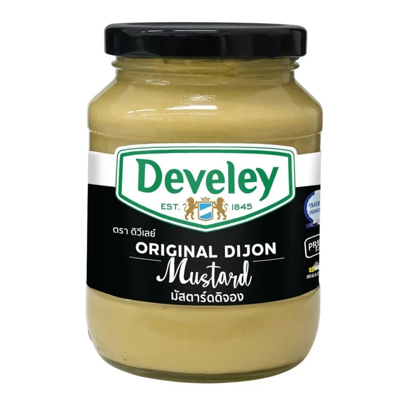 Develey Dijon Mustard 350g jar, popular dry grocery item with yellow mustard seeds and smooth mustard texture.