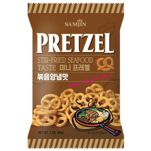 Samjin Pretzel Stir Fried Seafood snack in a colorful package, showcasing crispy pretzel sticks with seafood flavor.
