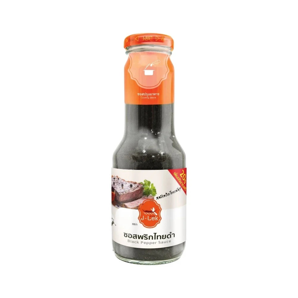 J-lek Black Pepper Sauce in a 350g glass bottle, dry grocery product with dark liquid visible inside.