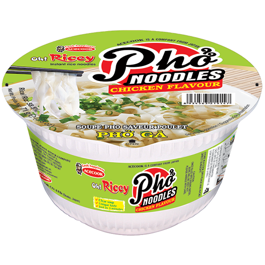 Package of Oh! Ricey Pho Noodles Chicken Flavour in a clear plastic bag, showing the noodles and flavoring packet inside.