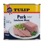 Canned Tulip Pork Luncheon Meat sliced open showing pink pork slices in a can for grocery shopping