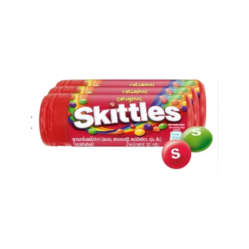 Assorted Skittles Chewy Candy in mixed fruit flavors, 30g packets, displayed in a colorful, resealable snack bag.