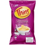 Thins Salt & Vinegar confectionery snack in a colorful package, showing the snack pieces with salt and vinegar flavoring.