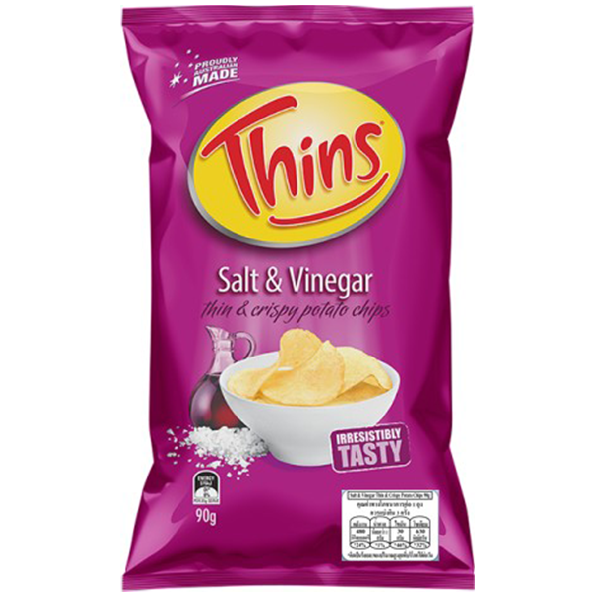 Thins Salt & Vinegar confectionery snack in a colorful package, showing the snack pieces with salt and vinegar flavoring.