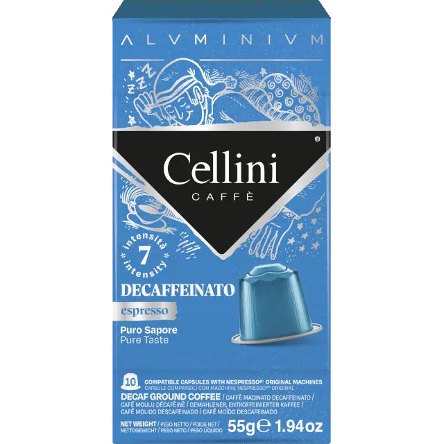 Cellini Decaffeinato coffee capsules for drinks, featuring a sleek container and capsules designed for decaffeinated coffee.