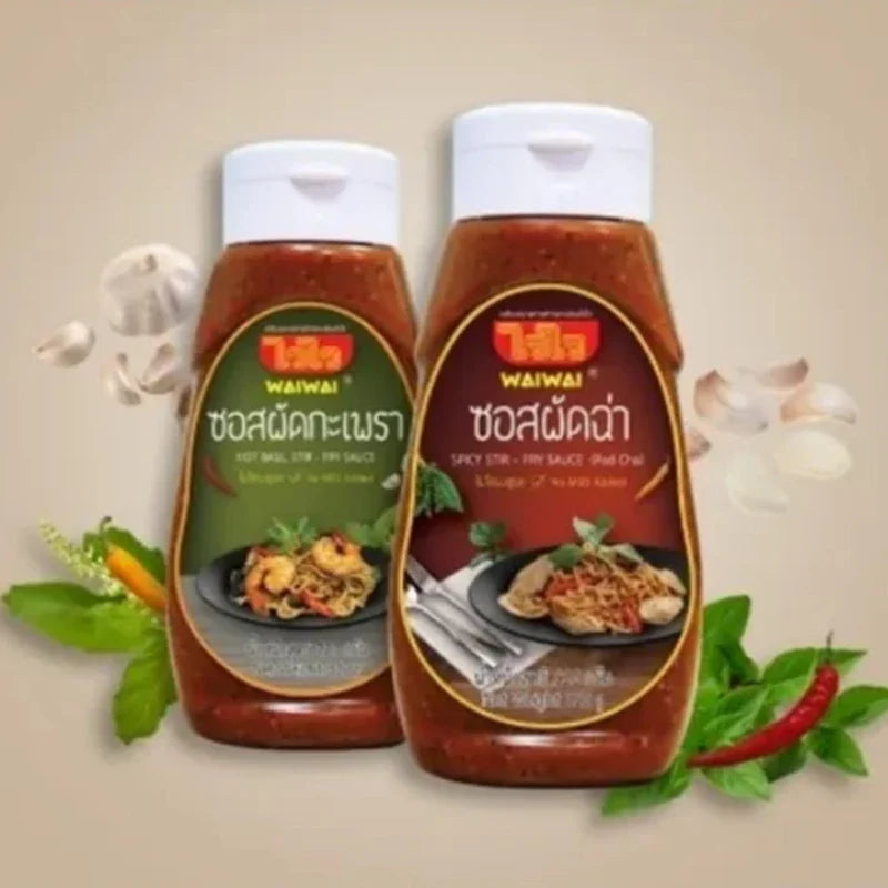 WAIWAI Stir-Fry Sauce 320g in a jar, ready to add flavor to Asian dishes, featuring a dark, savory appearance.