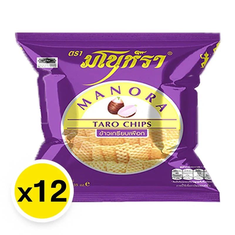 Manora Fried Chips Taro 10g snack pack, crispy taro chips in a 12-pack for dry grocery and snack lovers.