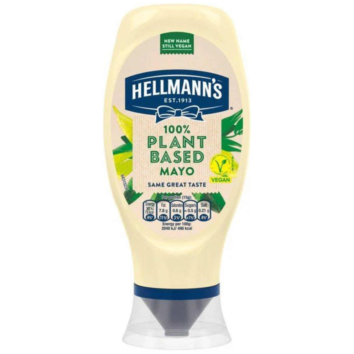 Hellmann's plant-based mayonnaise in a jar, creamy and smooth, ideal for sandwiches and salads.