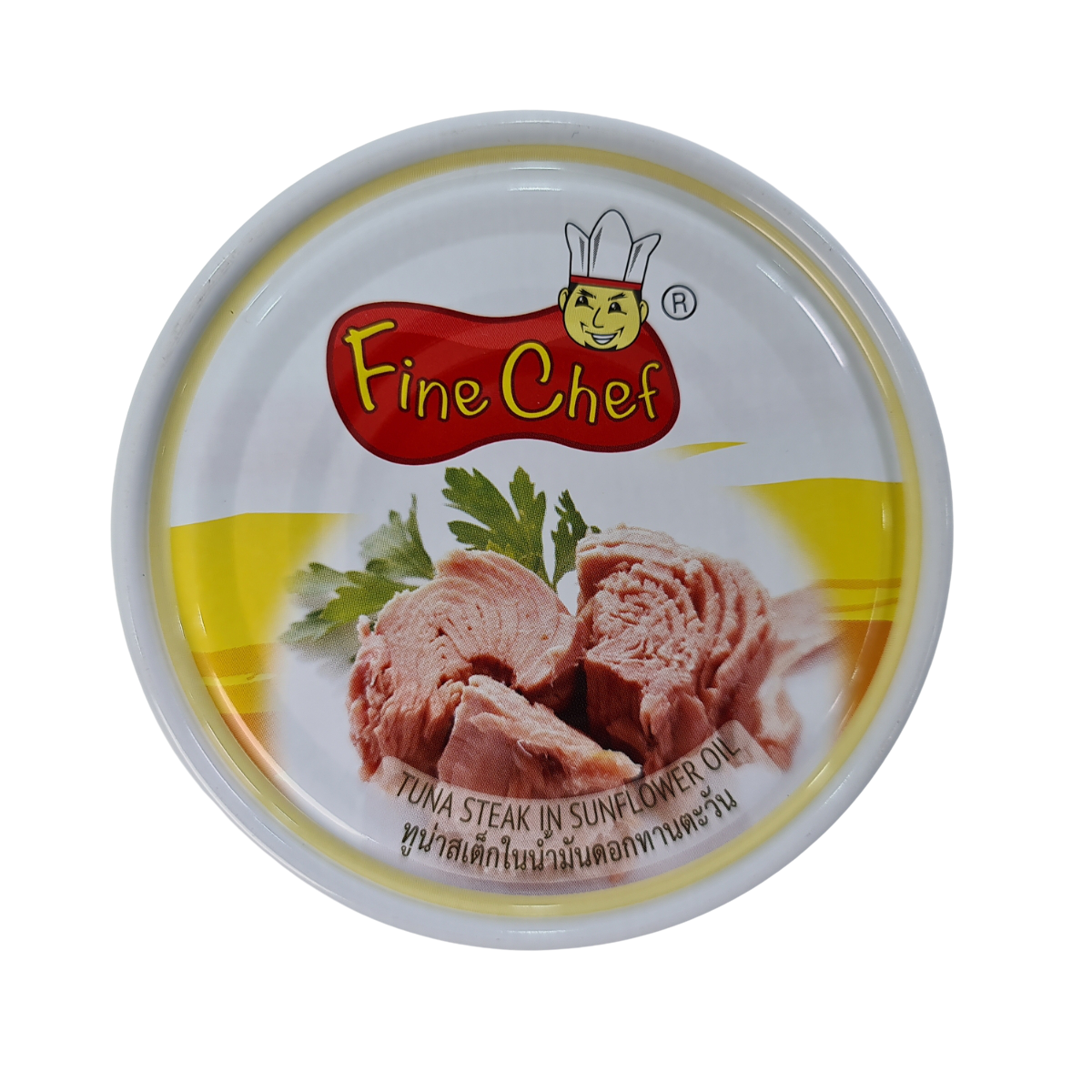 Canned Fine Chef Tuna Steak in sunflower oil, showing the tuna fillet packed in a labeled can with sunflower oil visible.
