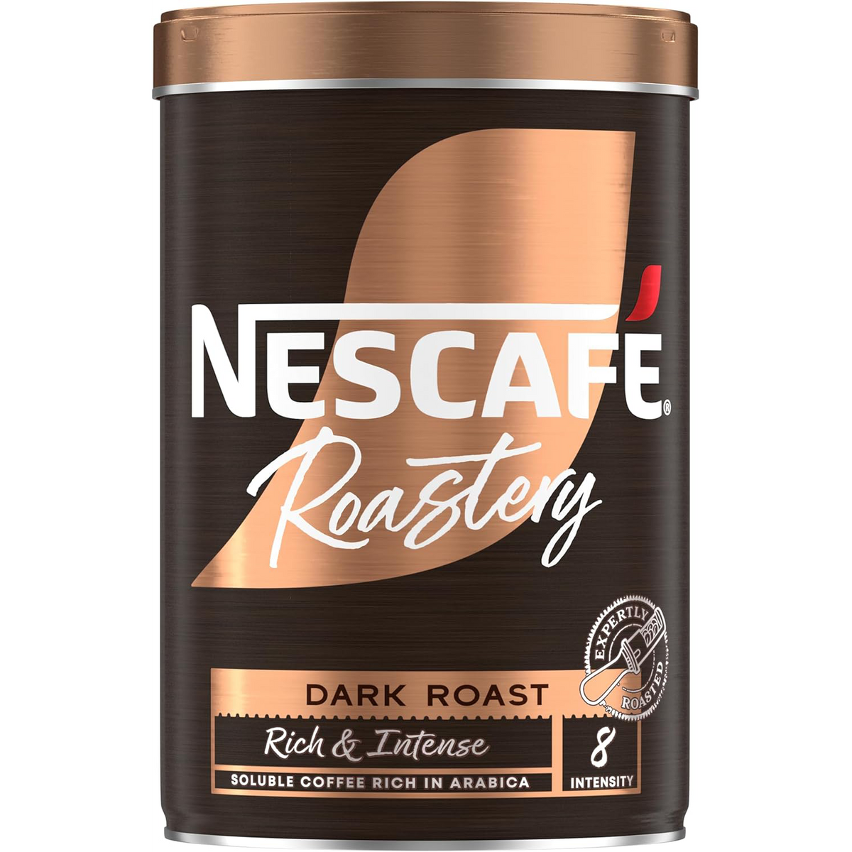 Nescafe Gold Blend Roastery Collection Dark Roast coffee drink in a glass mug with brewed coffee and a spoon.