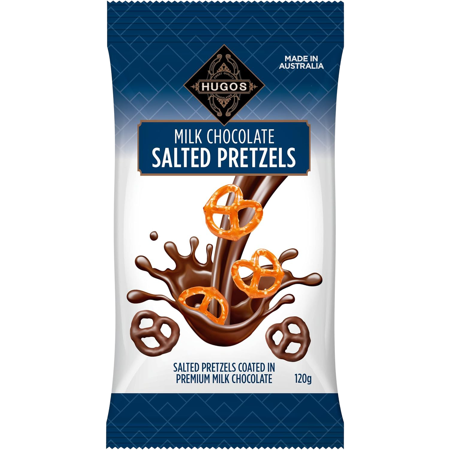 Hugos salted pretzels covered in smooth milk chocolate, a delicious confectionery snack with a crunchy and sweet flavor.
