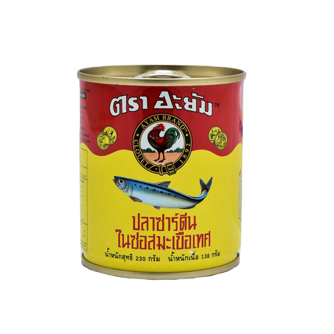 Canned Ayam sardines in tomato sauce shown in a green can with label, ready for grocery meal preparation.