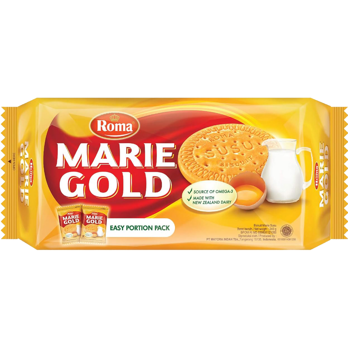 Roma Marie Gold biscuits, a pack of confectionery snacks with crispy, golden cookies in a colorful wrapper.