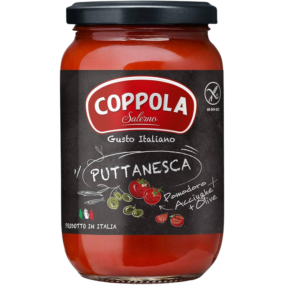 Jar of Coppola Puttanesca sauce with pasta and fresh herbs, highlighting the Italian grocery product in a clear glass jar.