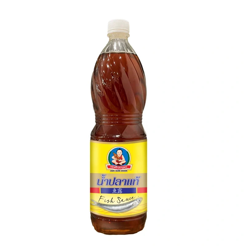 Deksomboon Fish Sauce 1500ml bottle, Thai-style dry grocery condiment with dark brown liquid and label featuring brand name.