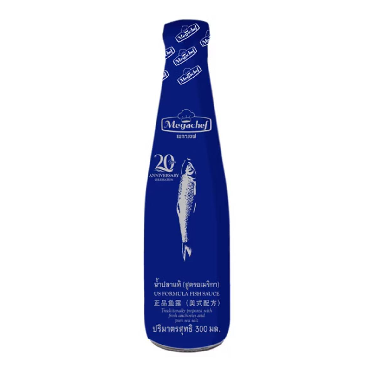 Bottle of Megachef Formula Fish Sauce with Asian-style label, clear glass container showing dark fish sauce inside.