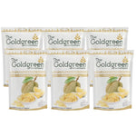 Golden crispy fried Monthong durian bake chips by THE GOLDGREEN in a 50g dry grocery package, showcasing the crunchy durian snack.