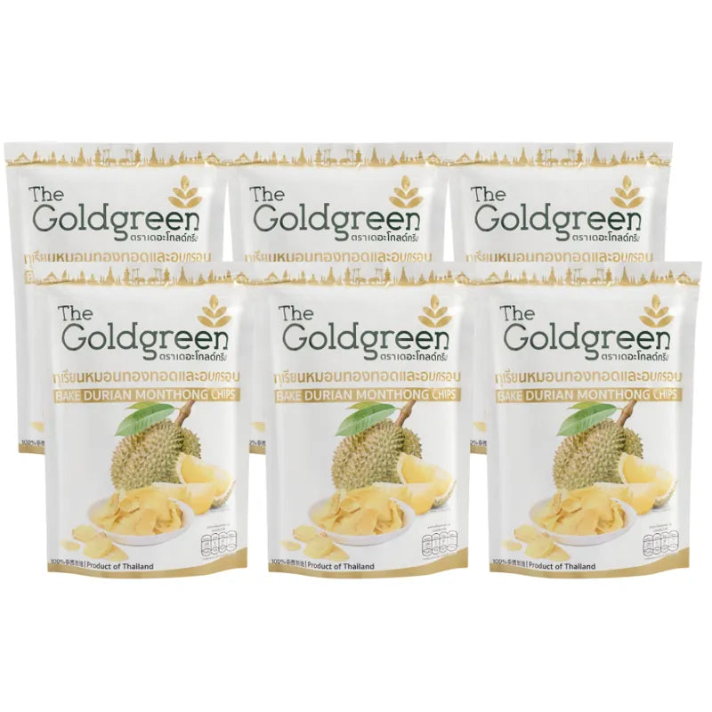 Golden crispy fried Monthong durian bake chips by THE GOLDGREEN in a 50g dry grocery package, showcasing the crunchy durian snack.