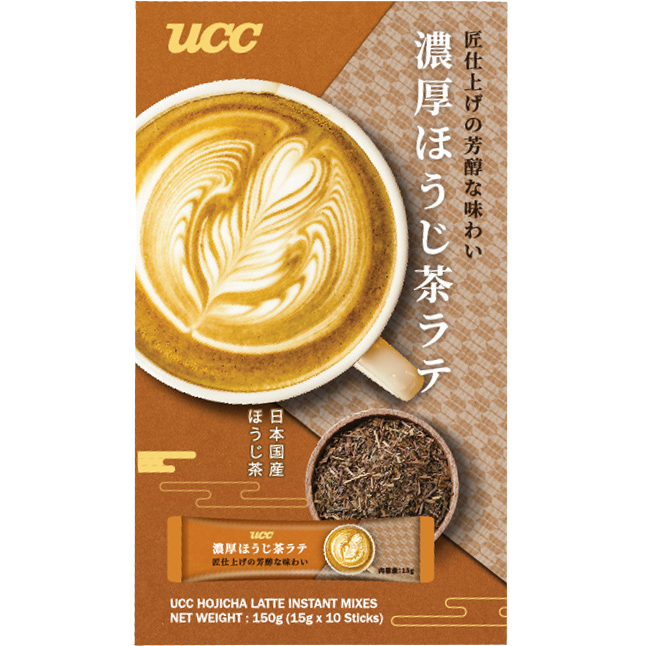 Ucc Hojicha Latte drink in a clear glass cup, featuring a light brown roasted tea color with frothy milk on top.