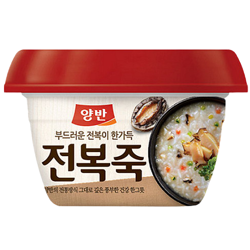 Yangban rice porridge with abalone in a bowl, showcasing the creamy texture and tender abalone slices, traditional Korean grocery product.