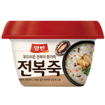 Yangban rice porridge with abalone in a bowl, showcasing the creamy texture and tender abalone slices, traditional Korean grocery product.