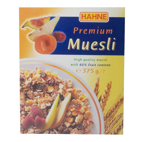 Hahne Fruit Muesli in a bowl with mixed dried fruits, oats, and nuts, showcasing a healthy breakfast option from Hahne grocery brand.