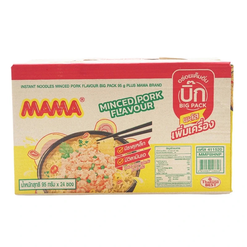 Mama Big Pack Instant Noodle with Minced Pork, 95g, pack of 24, dried noodle snack from Mama brand.