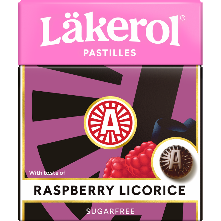 Lakerol Raspberry Licorice confectionery snack with red raspberry-flavored licorice pieces on a white background.