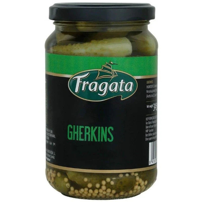 Fragata whole gherkins in brine jar, 345g, dry grocery product with fresh, crunchy gherkins visible in clear glass jar.