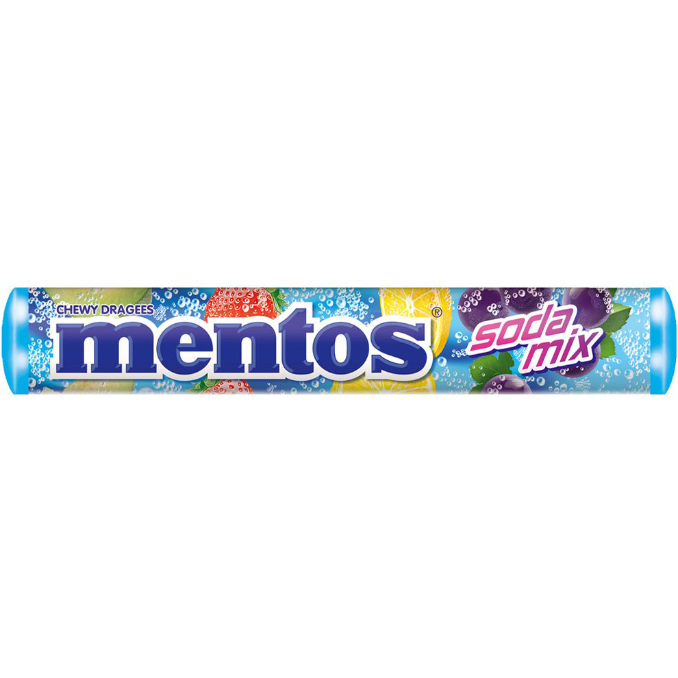 Mentos Soda Mix Chewy Candies in colorful packaging, a popular confectionery snack with fizzy soda flavor.