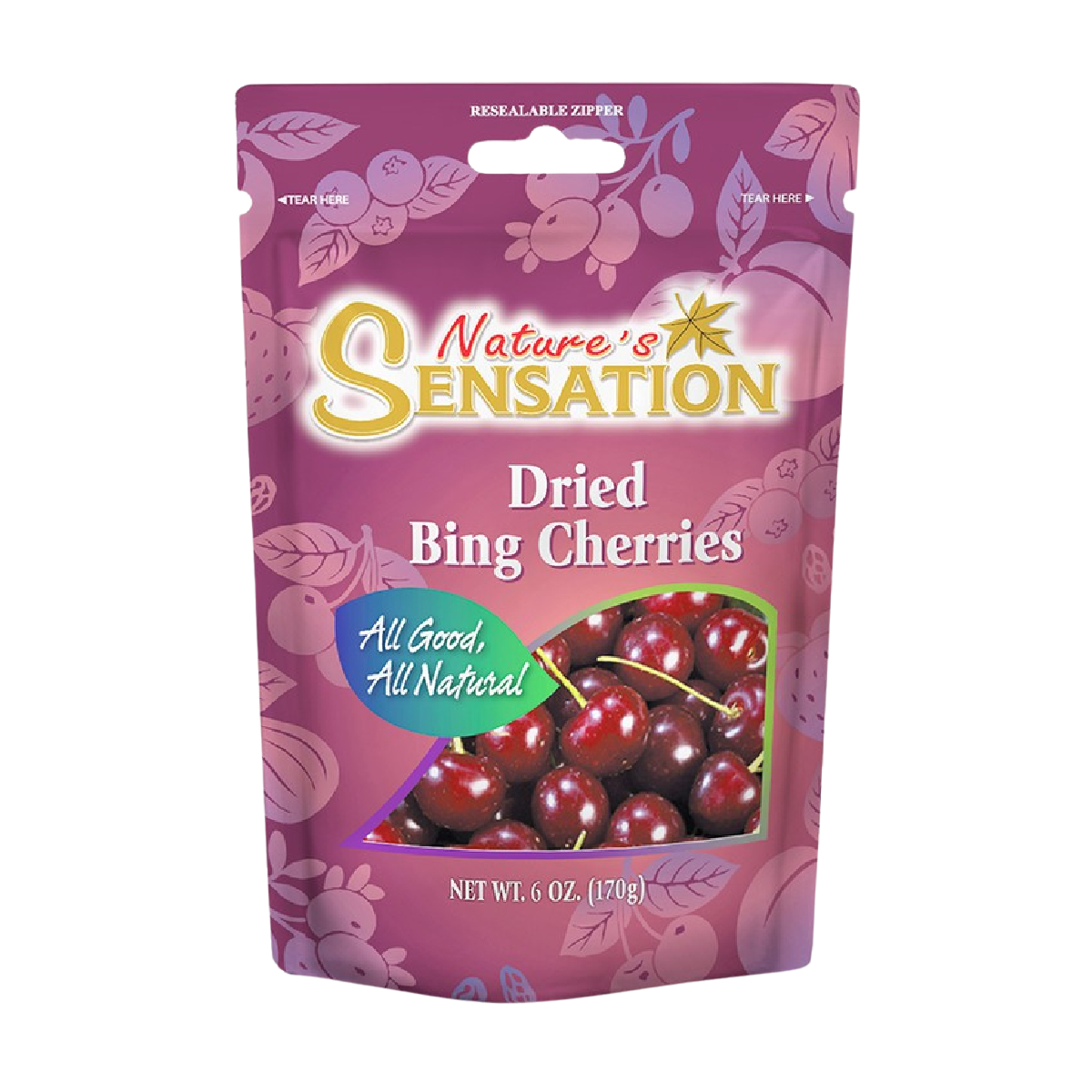 Dried Bing cherries from Nature's Sensation, packaged as a sweet confectionery snack, with vibrant red cherries in a clear bag.