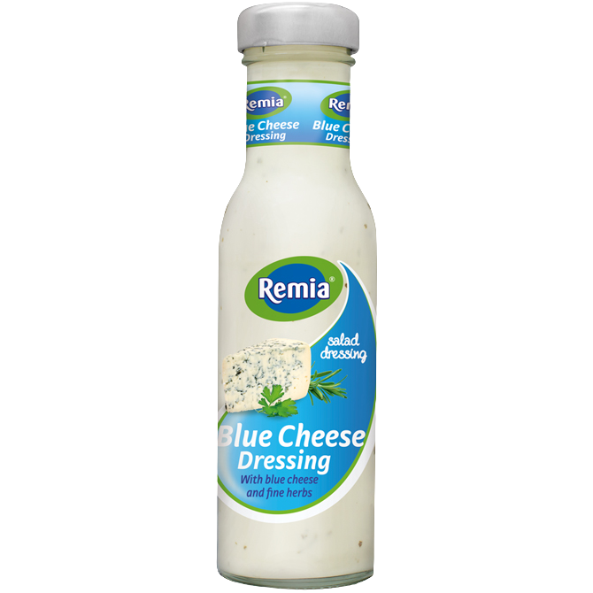 Remia Blue Cheese Salad Dressing bottle with label, creamy blue cheese dressing for salads and dishes.