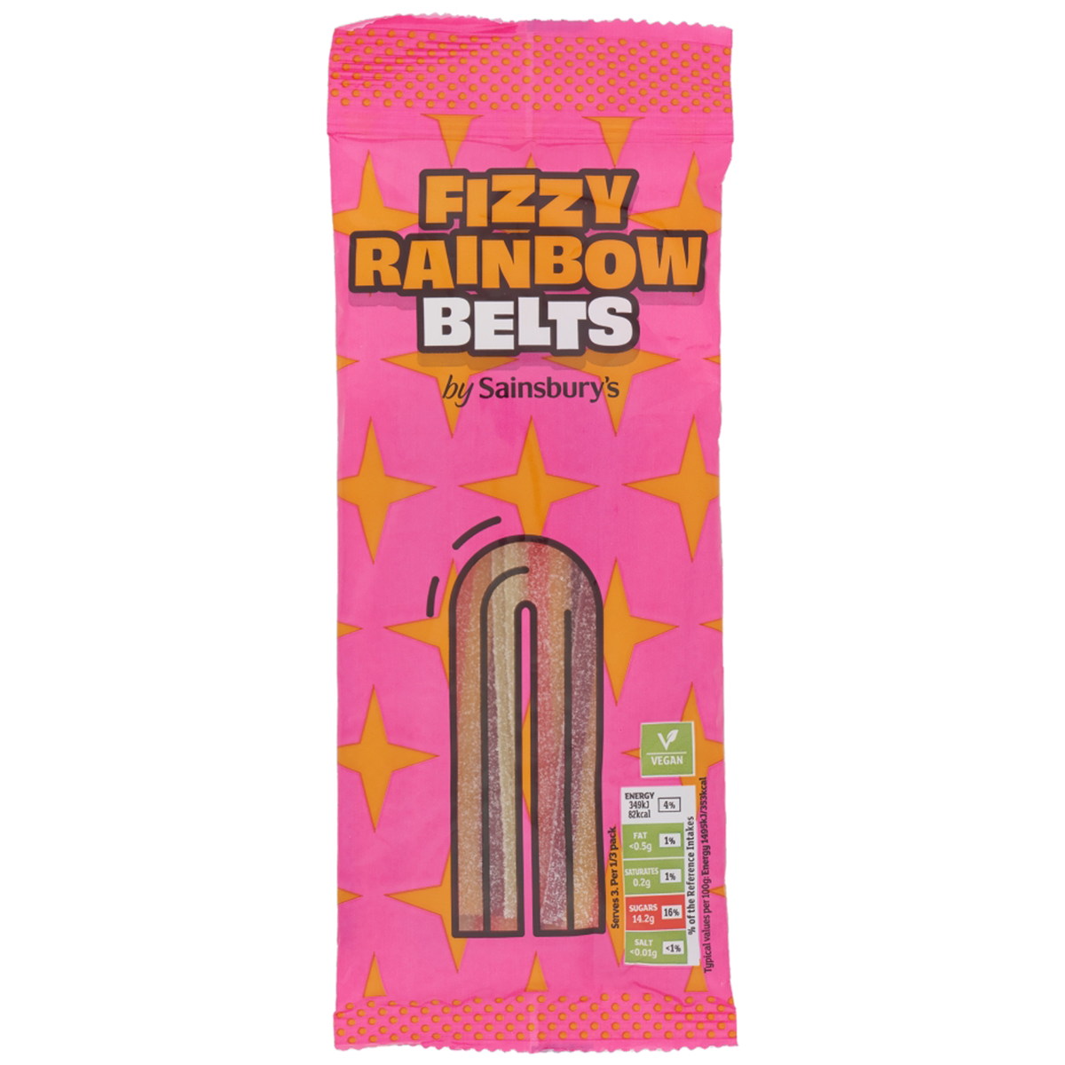 Colorful Sainsbury's Fizzy Rainbow Belts, chewy confectionery snacks with rainbow colors and fizzy texture.