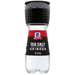 McCormick Sea Salt Grinder with clear glass container and black grinder top, showing coarse sea salt crystals inside.