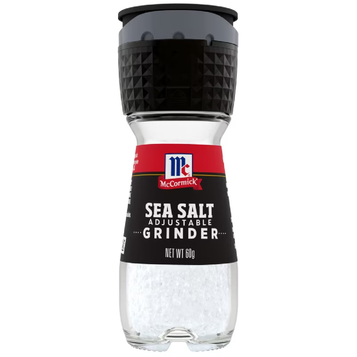 McCormick Sea Salt Grinder with clear glass container and black grinder top, showing coarse sea salt crystals inside.