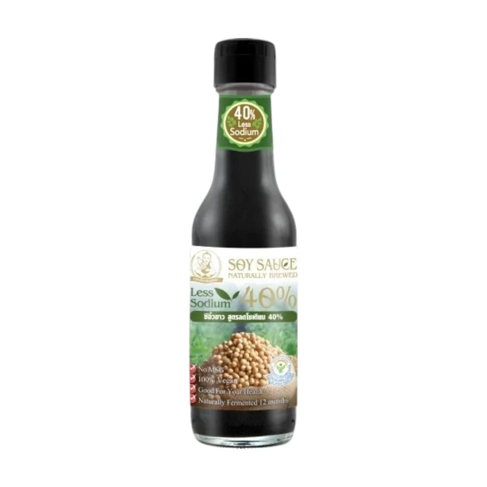 Deksomboon soy sauce less sodium 40% in 250ml bottle, popular dry grocery condiment, dark brown liquid with label.