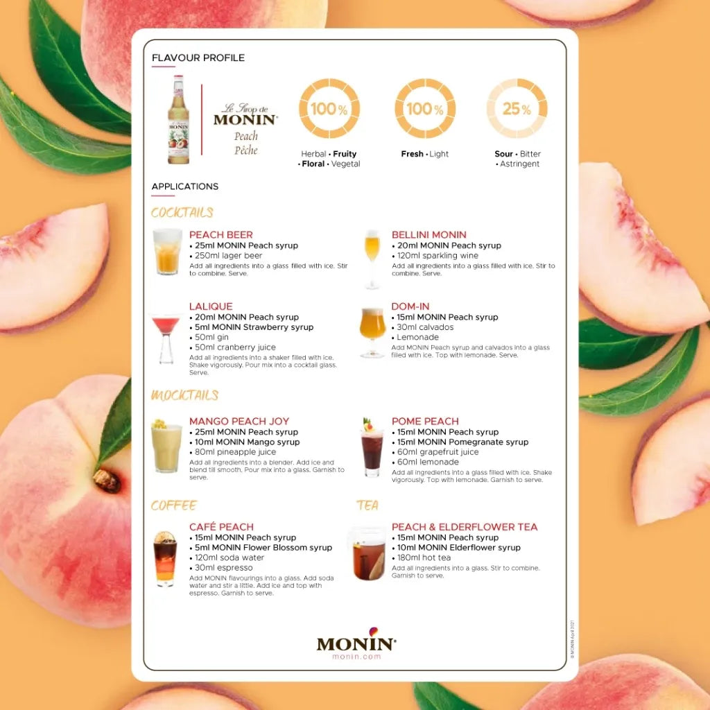 Bottle of MONIN White Peach Syrup, 700ml, in a clear plastic container, ideal for adding peach flavor to beverages.
