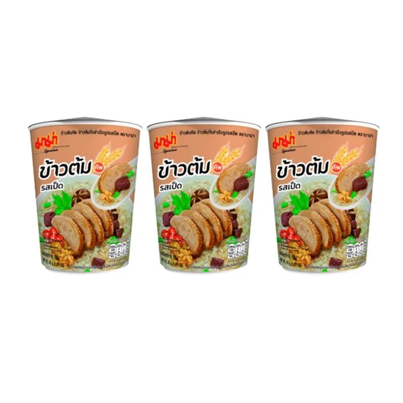 Mama Rice Porridge Cup with duck flavor, a convenient dry grocery snack in a compact cup, ideal for quick, savory meals.