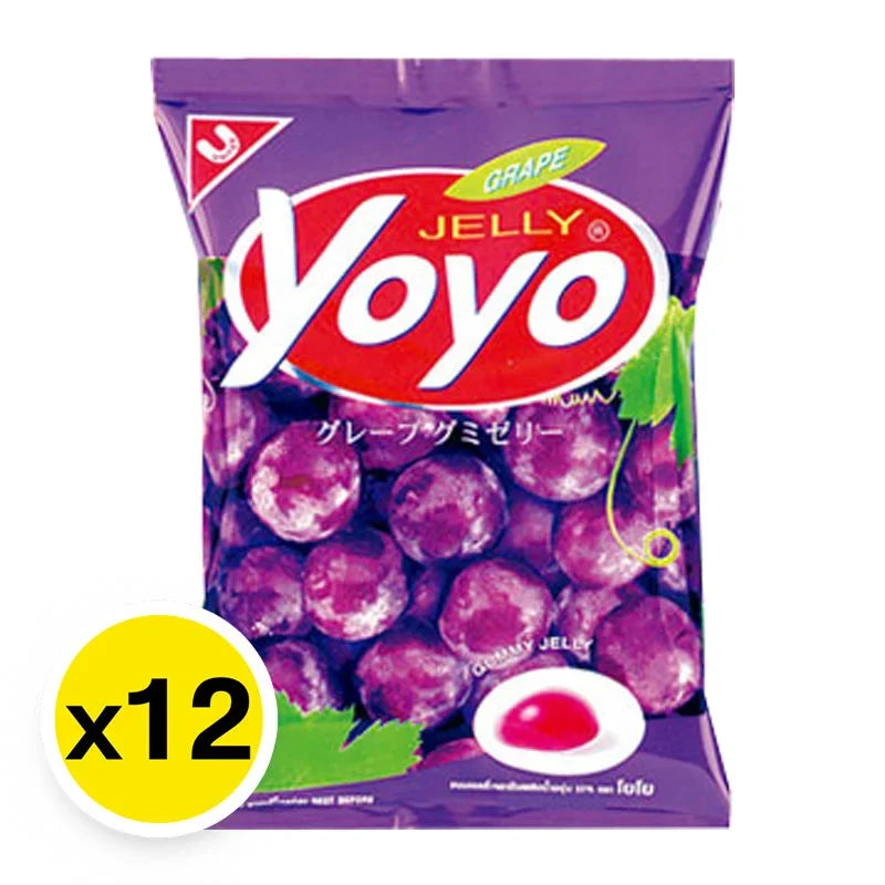 YO YO Jelly Grape snack pack, 15g x12, colorful chewy grape-flavored confectionery in clear packaging.
