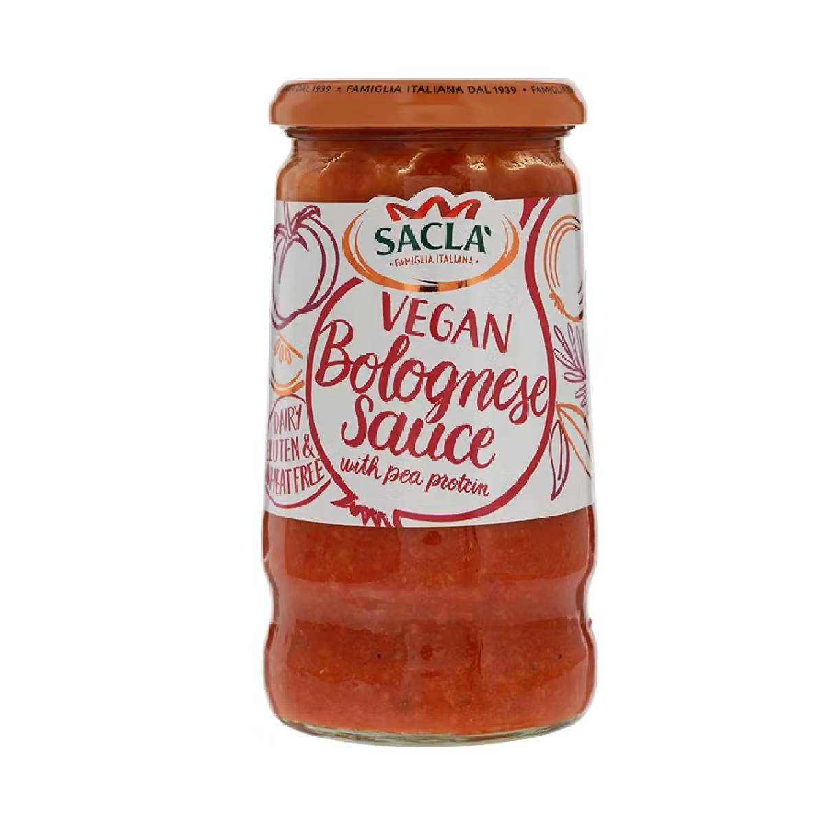 Sacla Vegan Bolognese sauce with pea protein in a jar, featuring a label and ingredients visible on the packaging.