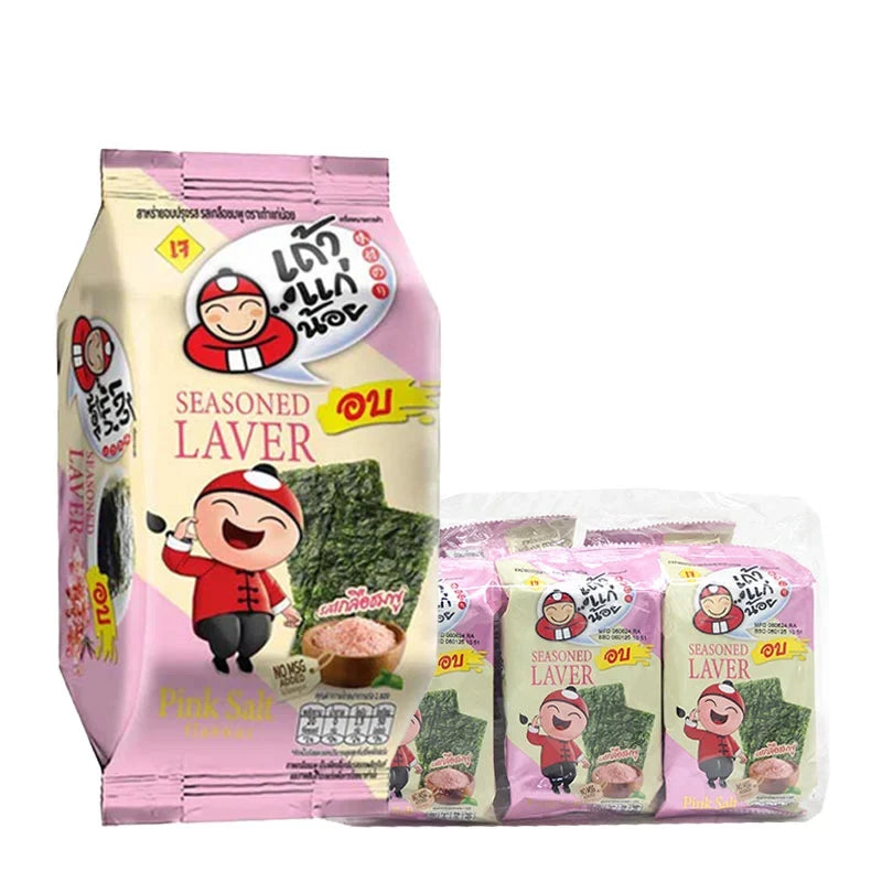 Taokaenoi Seaweed Roasted Pink Salt snack pack, dry grocery, crunchy and flavorful seaweed snack in a 4gx6 pack.