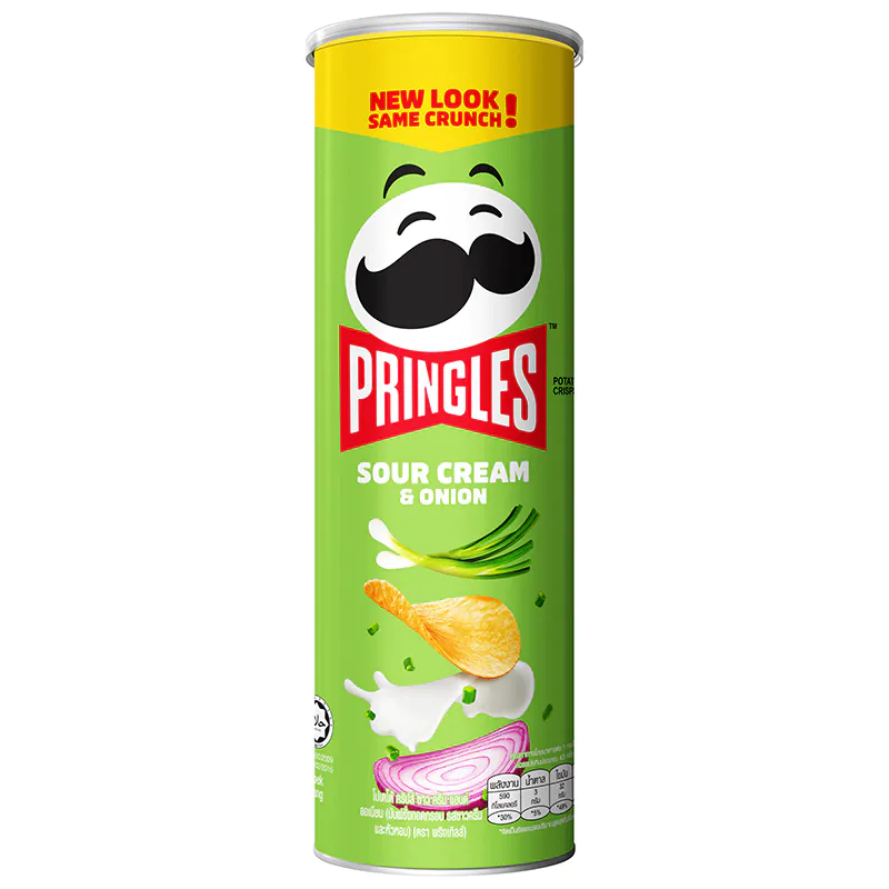 Pringles Sour Cream & Onion potato chips in a can, crispy snack with creamy and onion flavor, part of Pringles confectionery snacks.