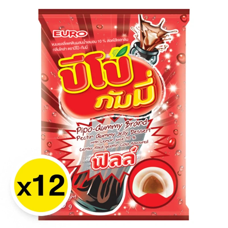 Pipo Gummy Gelatin Cola candies in 24g packs, 12-pack of chewy cola-flavored snacks from PIPO brand.